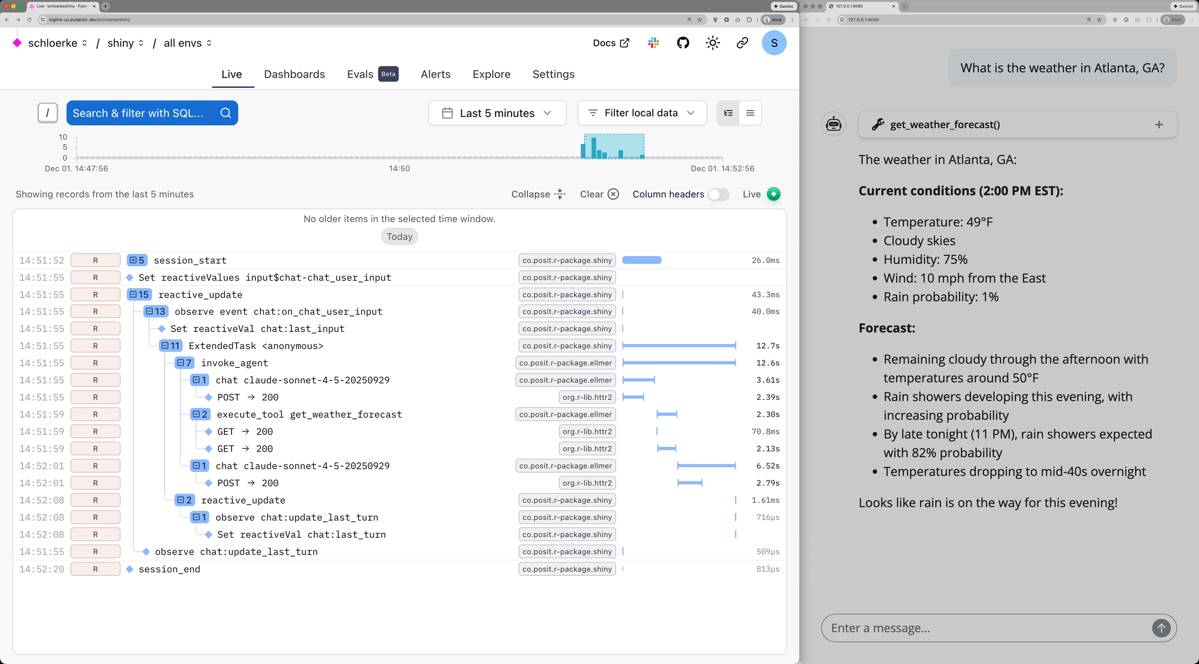 OpenTelemetry trace of chat app with weather tool